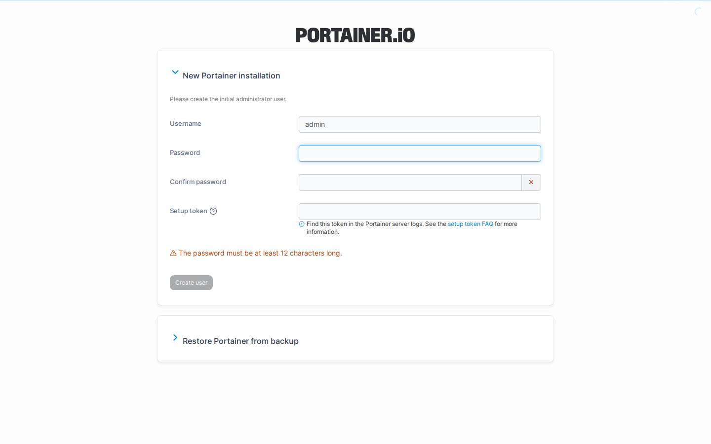 First-run admin setup